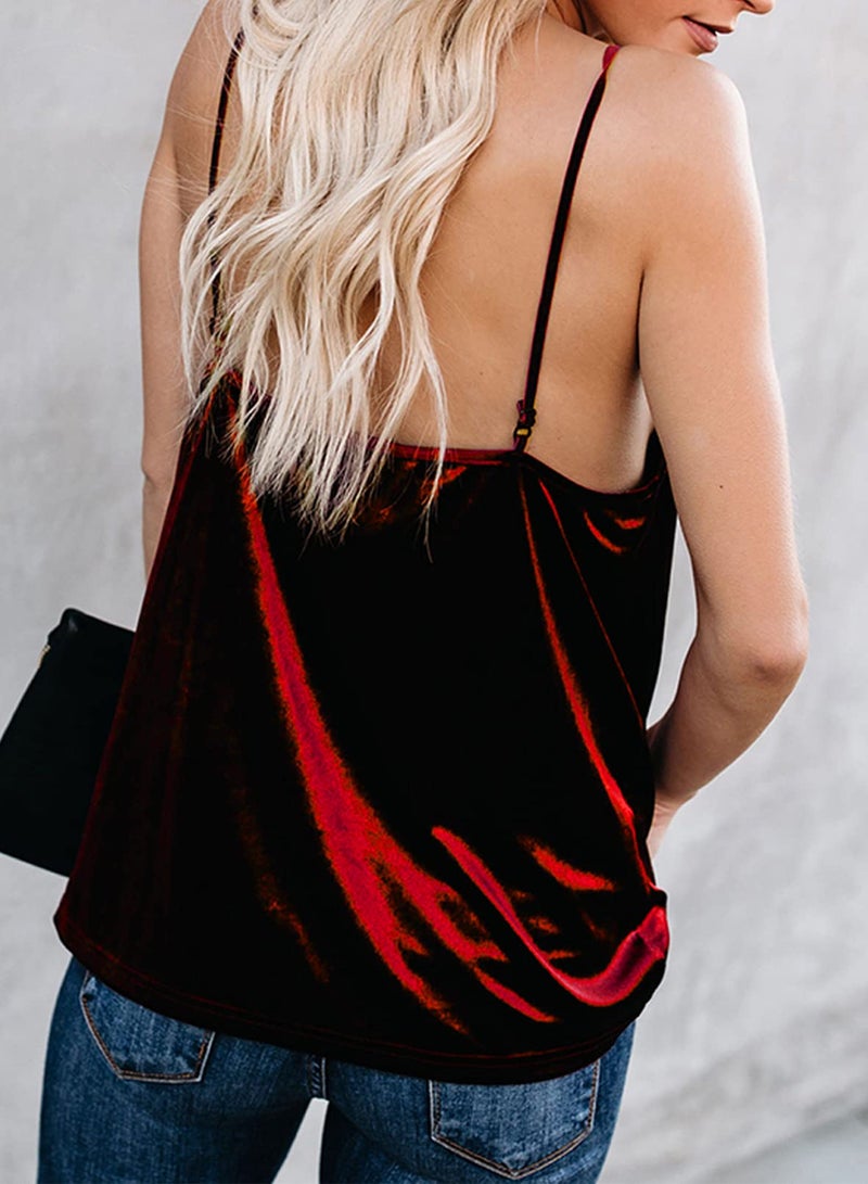 Lime Flare Women's V-Neck Velvet Cami Tank Top, Adjustable Spaghetti Straps, Casual Loose T-Shirt, Medium (US 8-10), B#Burgundy Velvet - Image 3
